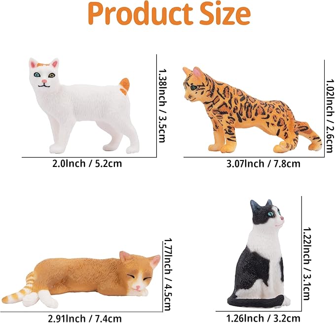 Toymany 8PCS Realistic Cat Figurines, Educational Cat Figures Toy Set, Kitten Cake Topper Easter Egg Birthday Gift for Kids Boys Girls Children