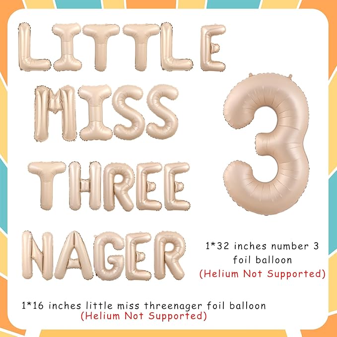 Little Miss Threenager Birthday Decorations Little Miss Threenager Balloon Banner Number 3 Balloons Makeup 3rd Party Supplies for Girls 3rd Birthday (Beige Balloon Banner)