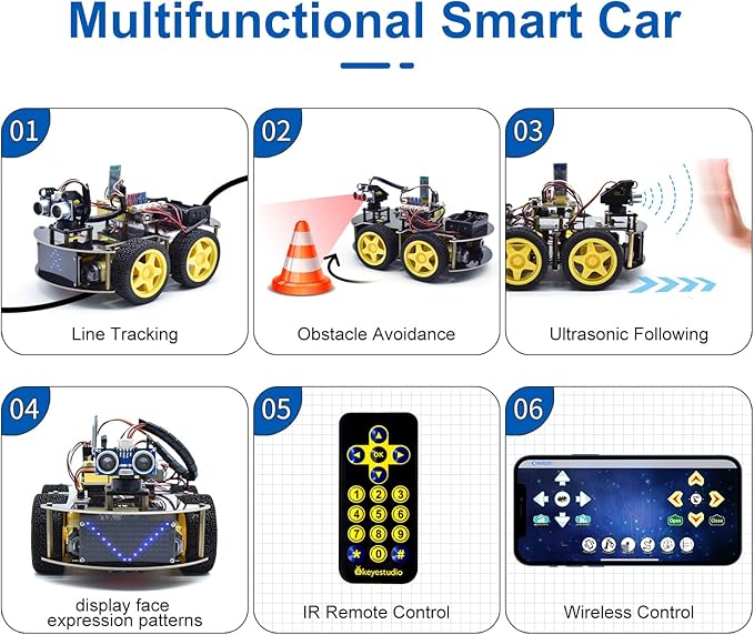 KEYESTUDIO Smart Car Robot,4WD Programmable DIY Starter Kit for Arduino for Uno R3,Electronics Programming Project/STEM Educational/Science Coding Kit for Teens Adults,15+