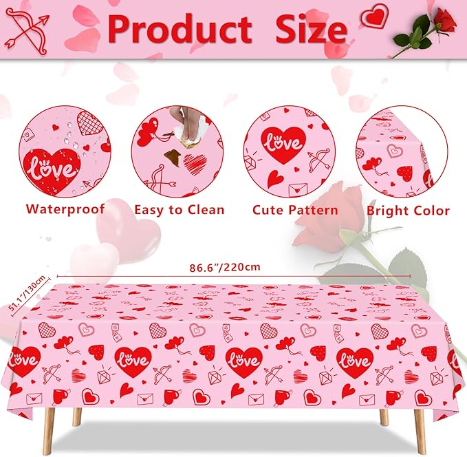 4 Pack Valentine's Day Tablecloth Valentine Love Heart Tablecloth Valentines Day Party Decoration Love Heart Table Cover Valentines Day Wedding Anniversary Birthday Decor 86 x 51 Inch