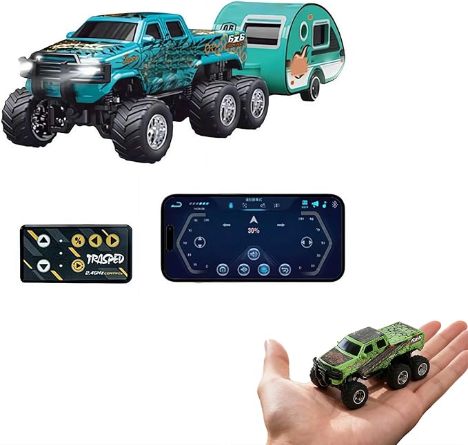 Mini Rc Truck,1/64 Scale Mini Remote Control Monster Truck with Trailer, 2.4Ghz Remote Control & APP, Rechargeable Alloy Shell RC Cars with Lights, Speed/Steering Adjustable (Blue)