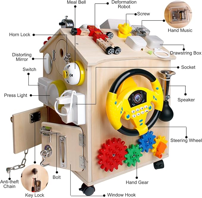 SHIERDU Montessori Wooden Busy House Basic Life Skills and fine Motor Training for Children, pre-School Education and Learning Busy Board, Sensory Game Toys, Large Gifts for Boys and Girls