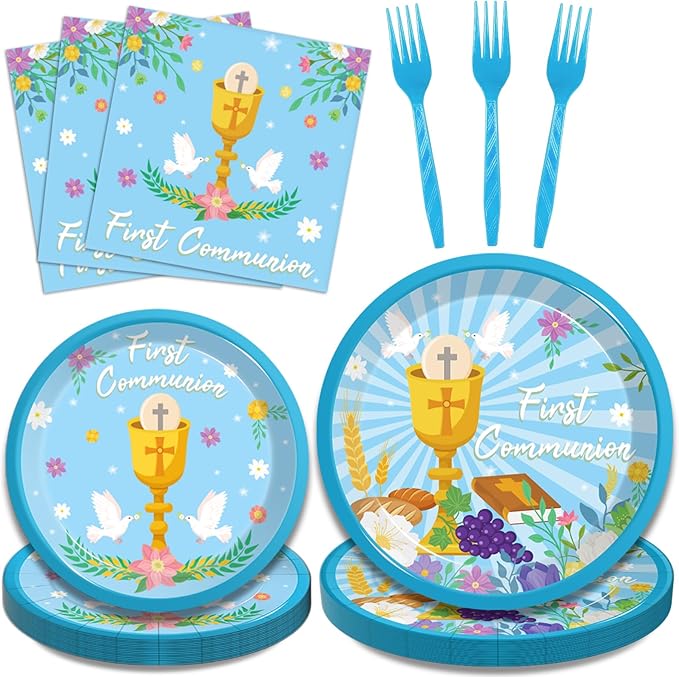 96 Pcs Blue Baptism Plates and Napkins, First Holy Communion Party Decorations Supplies for Boys God Bless Christening Celebration Party Baby Shower Disposable Paper Dinnerware, Serves 24