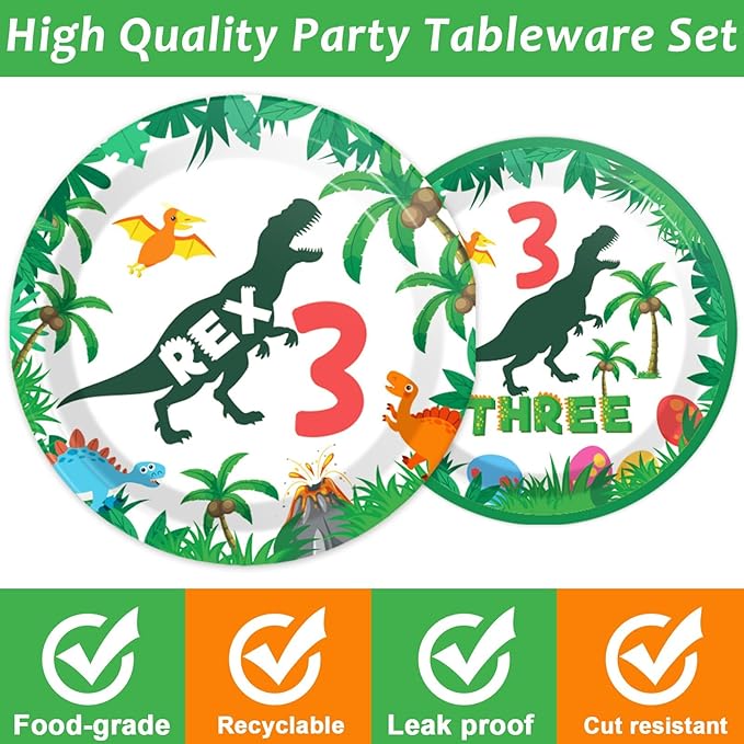 96 Pieces Dinosaur 3rd Birthday Supplies for 3 Rex Birthday Tableware Set 3 T-Rex Dinner Disposable Plates 3 Year Old Party Plates Napkins Forks For Boys Kids Three Dino-Rex Party Favor 24 Guests
