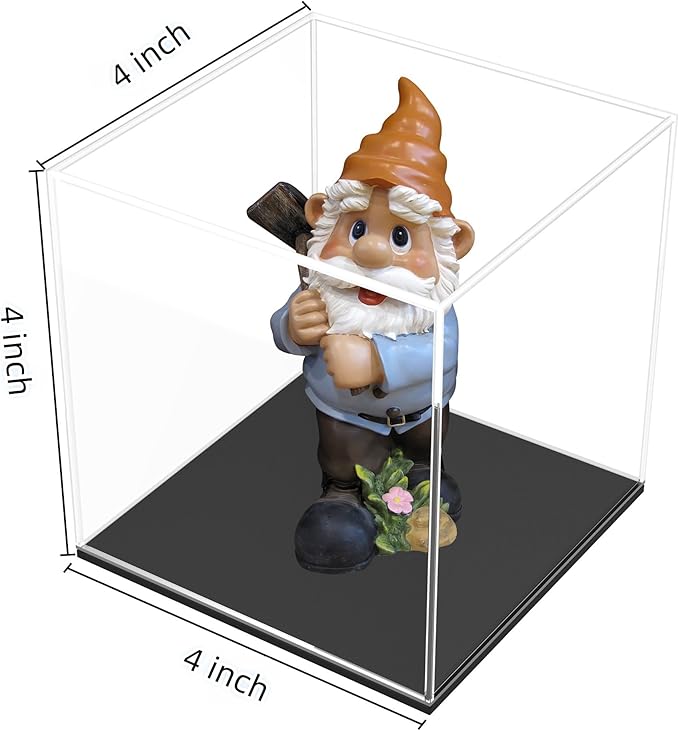 Clear Acrylic Display Case with Matte Black Base, Preassemblyed Dust-Proof Showcase, Single-Piece Clear Box for Collectibles (4x4x4 inch)