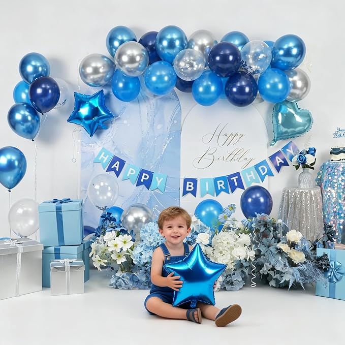 Blue Silver Birthday Decorations for Boys Men,Dark Navy Metallic Confetti Latex Party Balloon Star Heart Foil Balloon Cake Topper Blue Party Supplies Decor