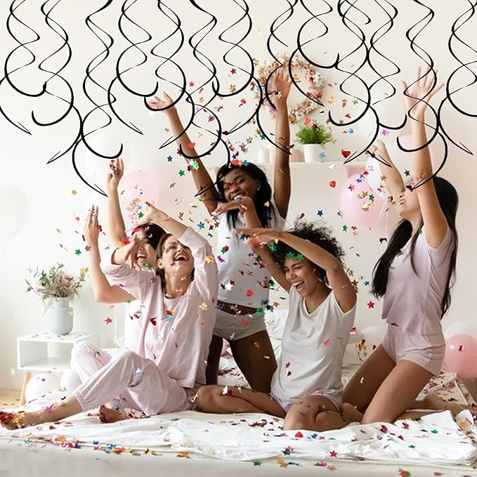 30 Pieces Hanging Swirl Party Decorations Foil Decorations Ceiling Swirl Spiral Hanging Plastic Streamer for Ceiling Birthday Graduation Wedding Celebration Baby Shower Party Supply (Black)