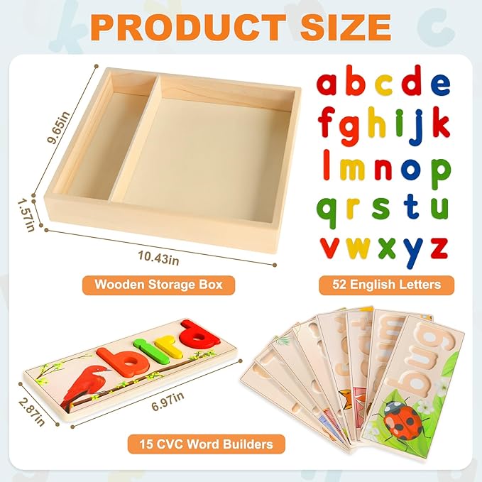 Wooden See & Spell Learning Toys for 2 3 4 5 Year Old Kids, Preschool Learning Activities Alphabet Flash Cards, Educational Match Letter Game Board, CVC Word Builder Montessori Toys Gifts for Boy Girl