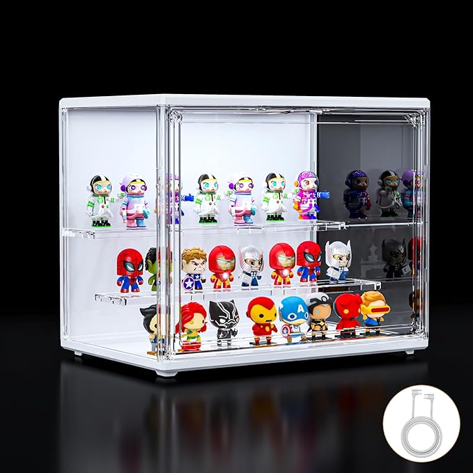 Acrylic Display Case for Collectibles with LED Light, 3 Layer Adjustable Figure Display Case with Magnetic Door, Lighted Display Box Stackable Clear Blind Box for Action Figure, Popmart, 1 Pack