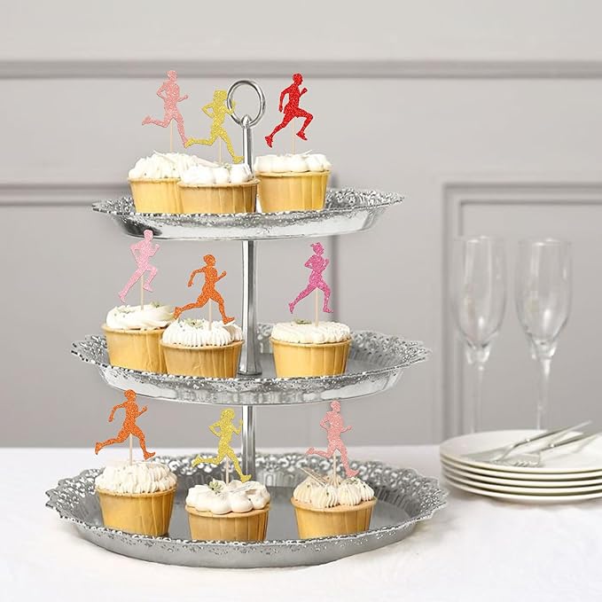 24 PCS Running Cupcake Toppers Glitter Sports Fitness Run Cupcake Picks for Running Theme Boys Girls Marathon Birthday Party Cake Decorations Supplies Multi Colors