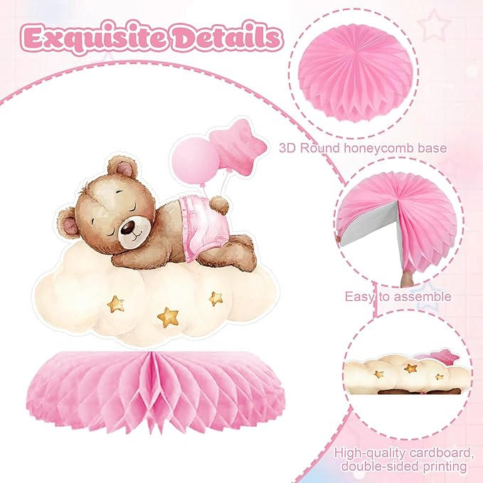 Tarklanda 12 Pcs Baby Shower Honeycomb Centerpieces Teddy Bear Themed Party Honeycomb Table Decoration Birthday Table Centerpieces for Baby Shower Gender Neutral Wedding Supplies (Pink Bear)