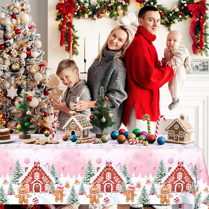 3 Pcs Pink Gingerbread Christmas Tablecloth - Gingerbread Man House Winter Cookie Plastic Table Cover for Family Holiday Decoration - 108 x 54 Inch