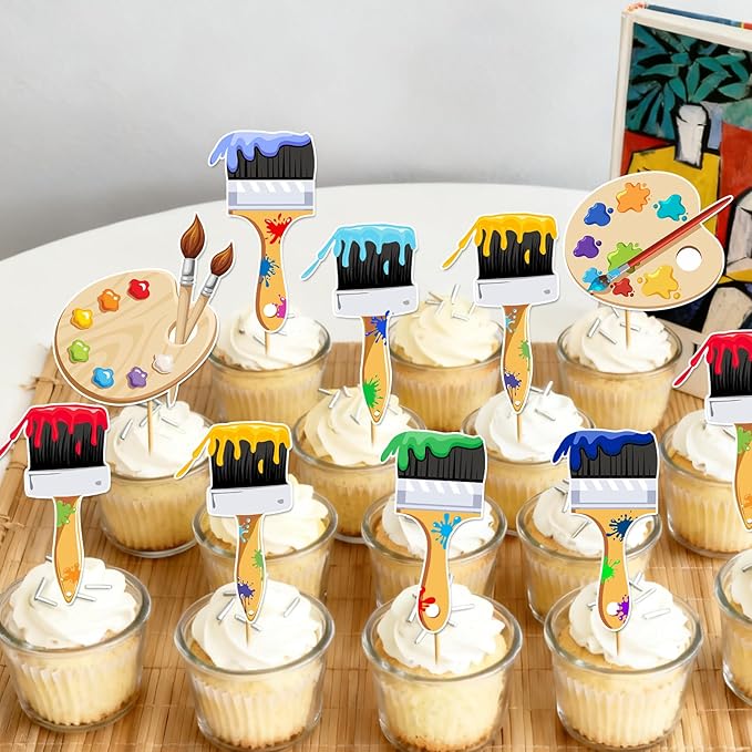 24pcs Art Paint Cupcake Toppers: Paint Brush Cupcake Toppers Art Theme Cake Decorations Artist Birthday Party Favors Supplies