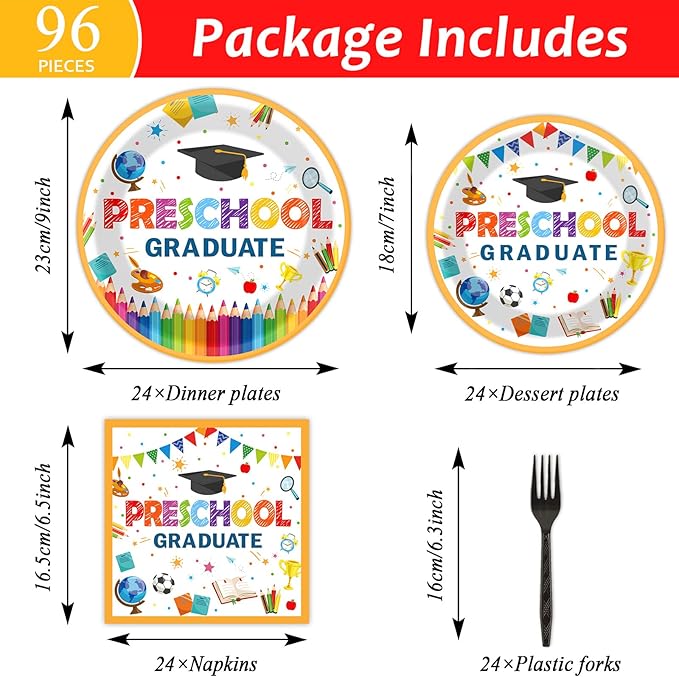 Preschool Graduation Party Supplies Pre-K Grad Tableware Set Kindergarten Graduation Plate Napkin Kindergarten Disposable Paper Dinnerware Kit for Graduate Party decoration Favor 24 Guest (White)