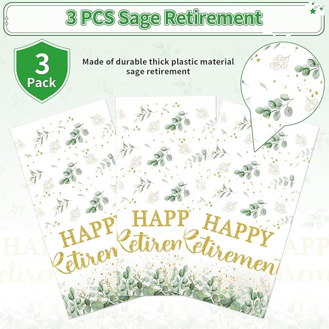 3Pcs Sage Green Retirement Party Decorations Greenery Happy Retirement Tablecloth Plastic Rectangle Gold Green Retired Table Cloth for Women Men Teachers Goodbye Going Away Party Supplies 54" x 107"