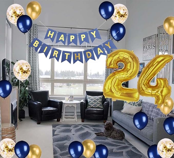 24th Birthday Decorations for Men, Blue Birthday Banner Gold Number 24 Foil Confetti Balloons Metallic Latex Confetti Balloons for Men Him Women Her 24 Years Old Birthday Supplies(24th)