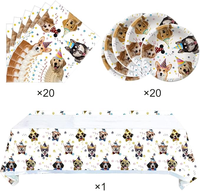 Dog Party Tableware Set,20 Plates and 20 Napkins and Tablecloth71 '' x 42 '',Dog Birthday Theme Party Decorate Supplies