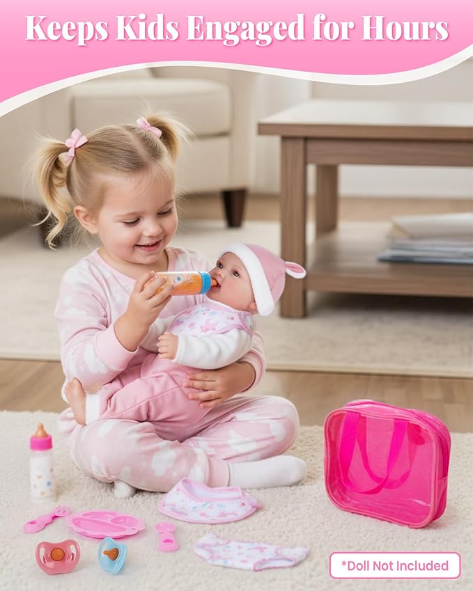 BABESIDE Baby Doll Accessories, 10 Pcs Disappearing Doll Feeding Set for Toy Stroller, Doll Care Pretend Play Kit with Magic Bottles, Pacifiers, Bib, Diaper & Carry Bag for 12–15 Inch Dolls