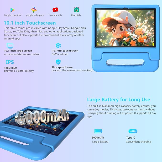 2025 Latest 10.1 inch Kids Tablet Android 15 Tablets for Kids with EVA Protective Case 8GB RAM 64GB Storage Toddler Tablet, Parental Controls, 12-hr Battery, WiFi, GPS, Blue