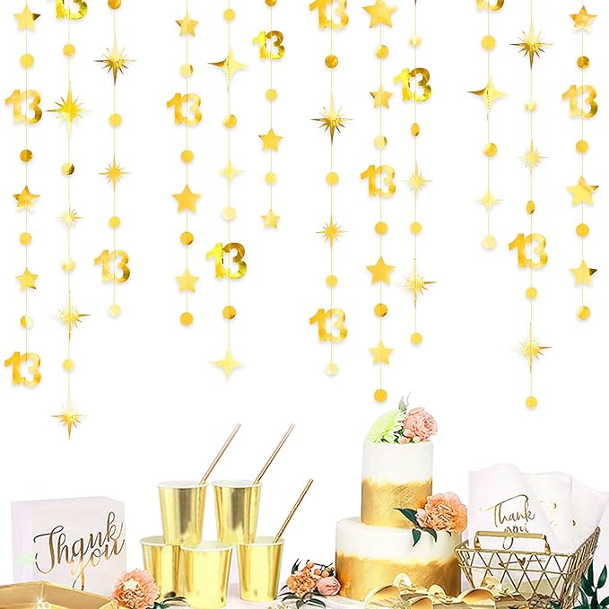 Gold 13th Birthday Decorations Number 13 Circle Dot Twinkle Star Garland Metallic Hanging Streamer Bunting Banner Backdrop Girls Boys 13 Years Old Birthday Thirteen Official Teenager Party Supplies