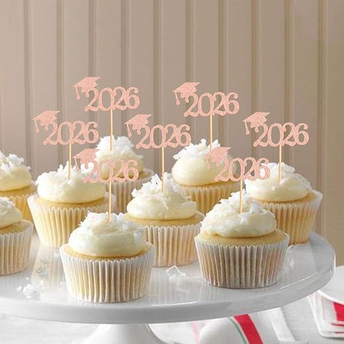 24 Pcs graduation cupcake toppers 2026, Food/Appetizer Picks For Graduation Party Mini Cake Decorations, 2026, Cupcake Toppers(Rose gold)