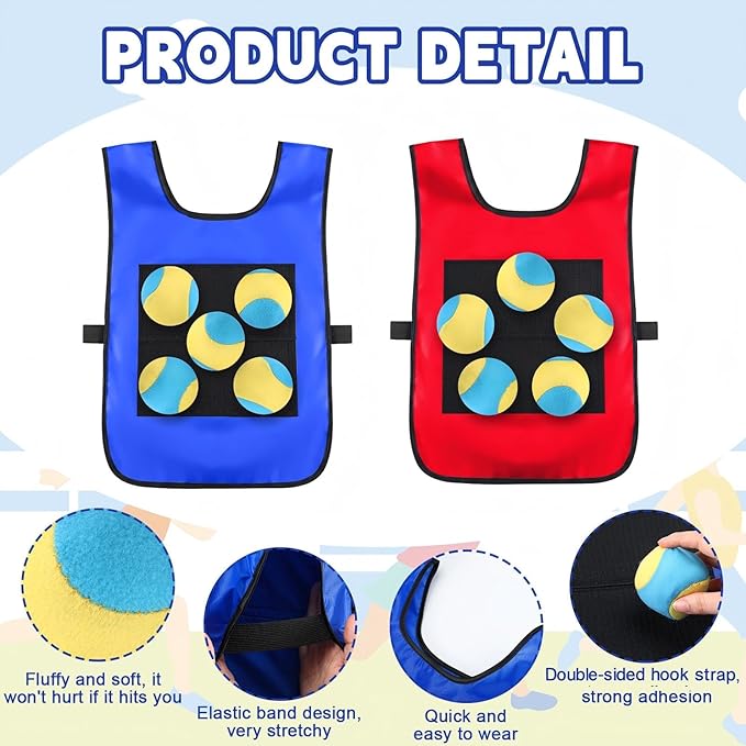 Dodgeball Target Set 20 Soft Fleece Tag Balls with 6 Sticky Vests, 6 Player Activity for Adult Indoor and Outside Play and Sports Activities