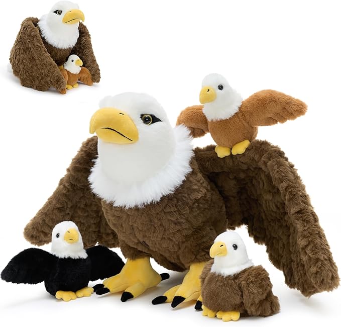 4Pcs Bald Eagle Stuffed Animal with Bendable Wings, 31.5 Inch Mommy Eagle Plush with 3 Chicks, Eagle Plushie Toy Gifts for Boys and Kids