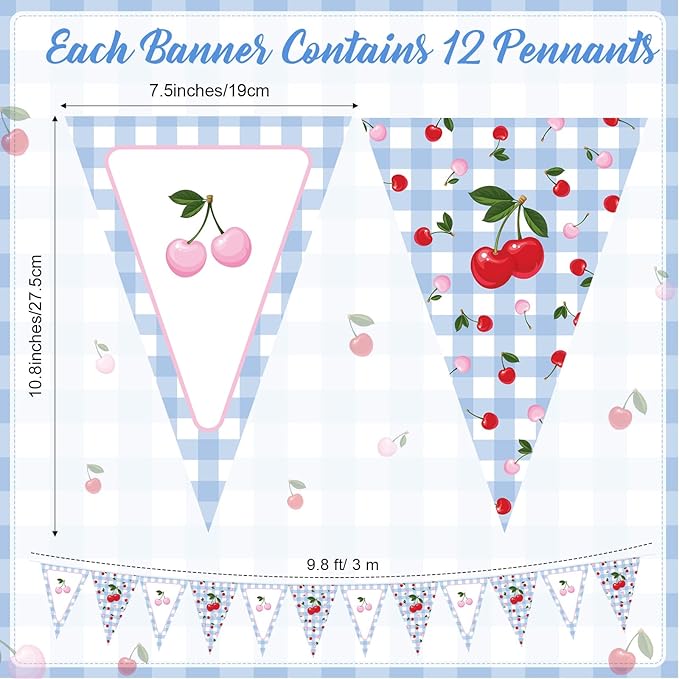 Jetec 49ft Cherry and Blue Gingham Party Decorations Blue and White Plaid Checkered Pennant Banner Gingham Bunting Flag Garlands for Cherry on Top Baby Shower Bachelorette Birthday Party Decors