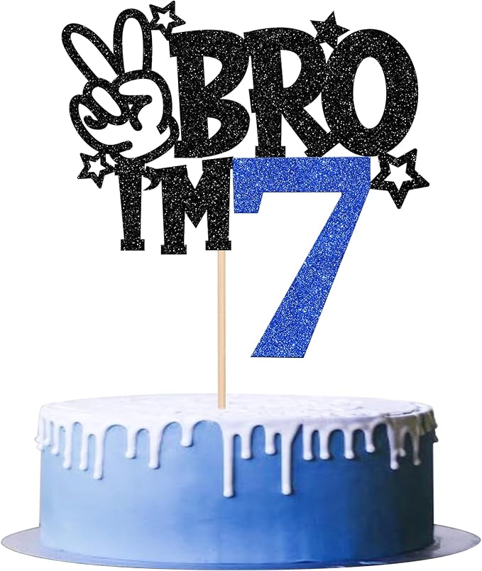 1 PCS Brother I'm 7 Cake Topper Glitter Star Happy 7th Birthday Cake Pick Bro I'm 7 Cake Decoration It's My 7th Birthday Decorations for Boys Cheers to 7 Years Old Birthday Party Supplies Blue