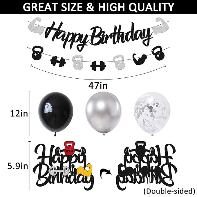 Gym Birthday Decorations Weightlifting Happy Birthday Banner Cake Topper Black Gray Latex Balloons for Gym Weight Lifting Cross Fit Fitness Themed Bday Party Supplies