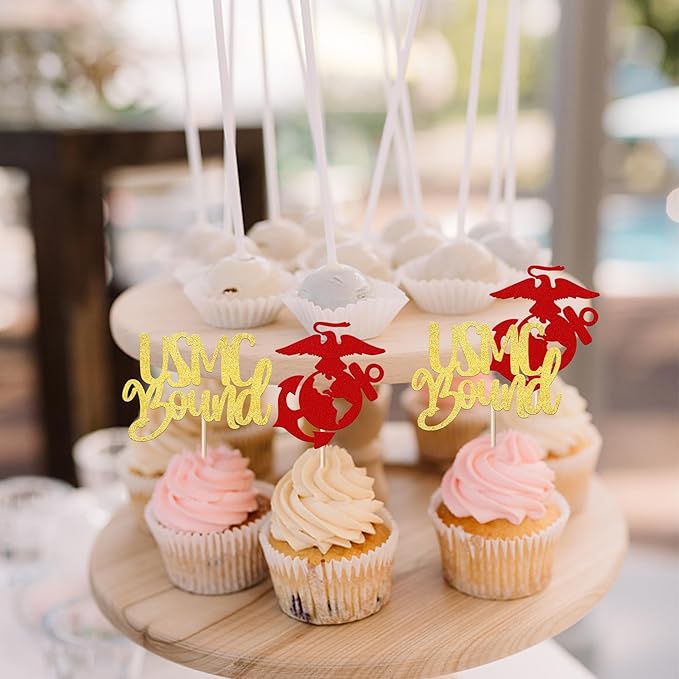 24 Pack Military Cupcake Toppers Glitter Semper Bound Emblem Cupcake Picks Navy Congrats Army Theme Birthday Cake Decorations Party Supplies Red Gold