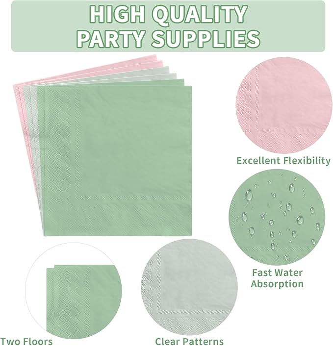 96Pcs Pink and Sage Green Birthday Party Decorations Pink Sage Green Dessert Plates and Napkins Sets Boho Bridal Shower Decorations for Girls Baby Shower Wedding Birthday Party Supplies Serves 24