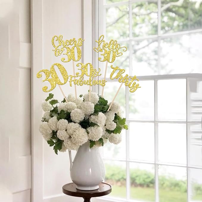 15PCS Happy 30th Birthday Centerpiece Sticks Hello 30 Fabulous Table Flower Centerpieces Sticks Thirty Cheers to 30 Years Floral Decoration for Happy 30th Birthday Party Centerpieces Sticks Gold
