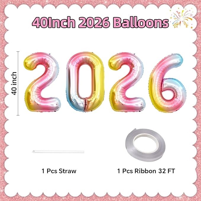 KALOR 42 Inch 2026 Rainbow Foil Mylar Number Balloons, 2026 New Years Decorations for 2026 Happy New Year Eve and Graduations Party Supplies