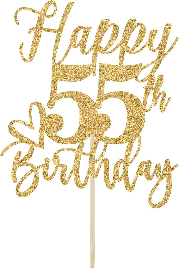 Happy 55th Birthday Cake Topper, 55th Birthday Cake Decorations, Cheers to 55 Years, Hello 55, 55th Birthday/Anniversary Party Decorations Gold Glitter