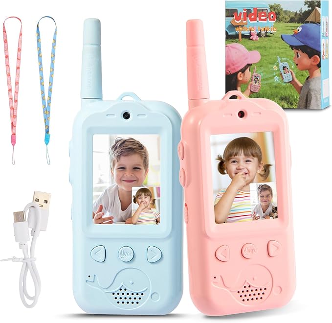 Video Walkie Talkies for Kids,Dual Camera 2-Pack Rechargeable Video Intercom Long Range Walkie Talkies,Voice Chat&Photo,Gifts for Age 3-12 Boys Girls Indoor Outdoor Games,Camping (Blue + Pink)