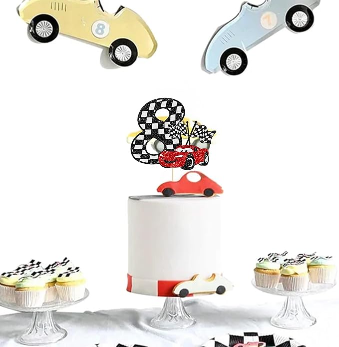 Gyufise 1Pc Race Car 8th Cake Topper Glitter 8th Racing Car Birthday Cake Topper Decoration for Racing Car Checkered Flag Themed Girl Boy 8 Years Birthday Party Supplies