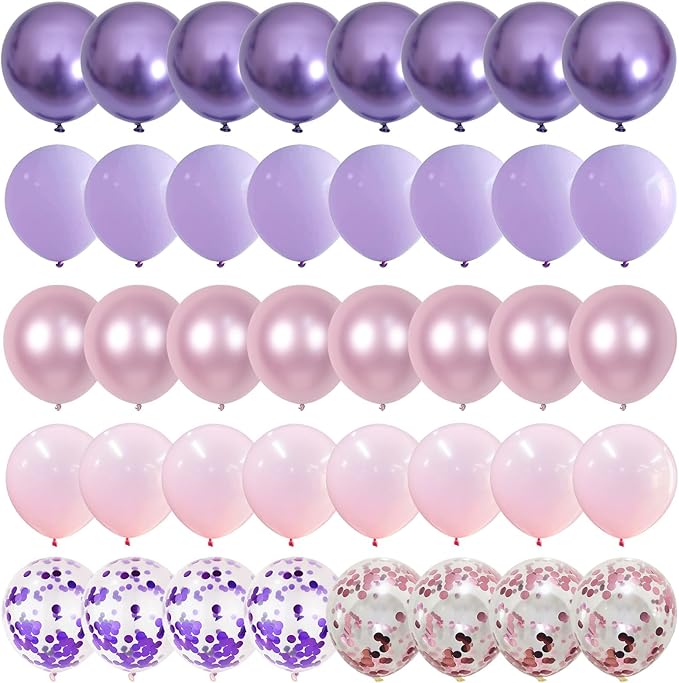 Pastel Pink and Purple Balloons, 12 Inch Metallic Purple Lilac Pink Confetti Balloons Set for Girls Women Kpop Butterfly Birthday Baby Bridal Shower Wedding Princess Disco Music Party Decorations