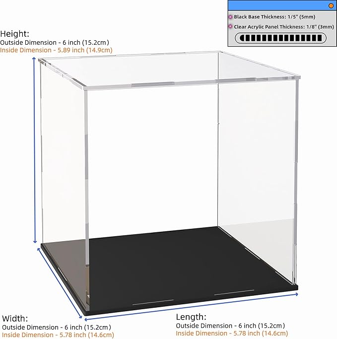 Acrylic Display Case 6x6x6 Inch, Clear Collectible Display Box with Matte Black Base, Dustproof Showcase for Figures, Models, Sports Memorabilia – Easy Self Assembly