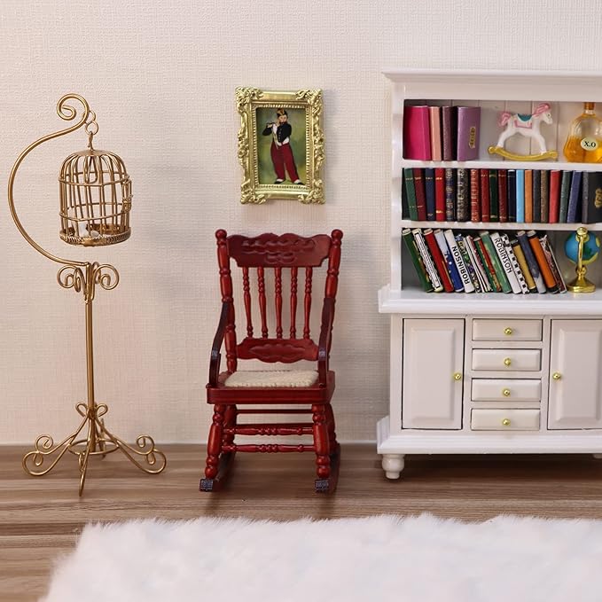 Dollhouse Chairs 2PCS Miniature Rocking Chair 1:12 Scale Wooden FurnitureAccessories Tiny Mini House Home Outdoor Decoration ModelLiving Room Scene Christmas Craft Displays (Red)