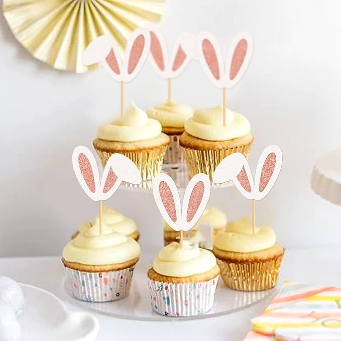 Ercadio 24Pcs Easter Bunny Ear Cupcake Toppers Glitter Rose Gold Rabbit Ears Cupcake Picks Easter Bunny Cupcake Toppers for Rabbit Kids Birthday Baby Shower Easter Wedding Anniversary Party Supplies