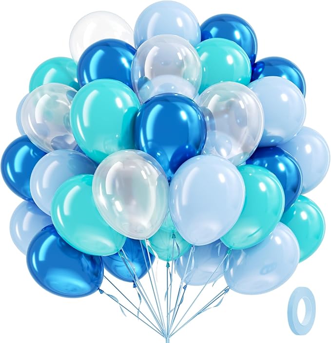 Ocean Balloons, 60pcs 12 Inch Turquoise Balloon Transparent Balloons Metallic Blue Teal Blue Balloon for Under the Sea Party Baby Shower Wedding Shark Party Decorations
