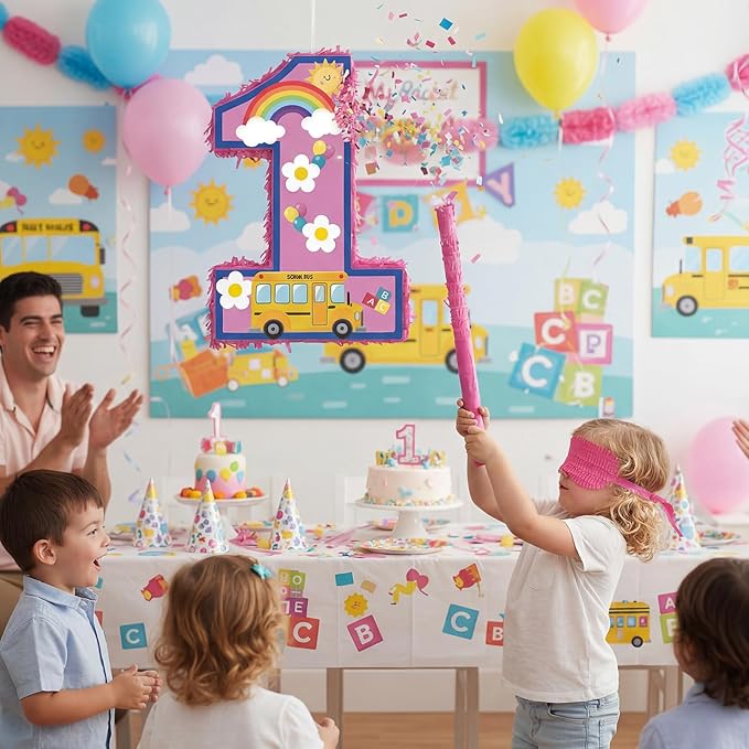 Number 1 Piñata Cartoon English Teacher 1st Birthday Piñata Party Decoration Pink Animation Themed Decor with Stick Blindfold Mask Confetti for Birthday Baby Shower Celebration Supply