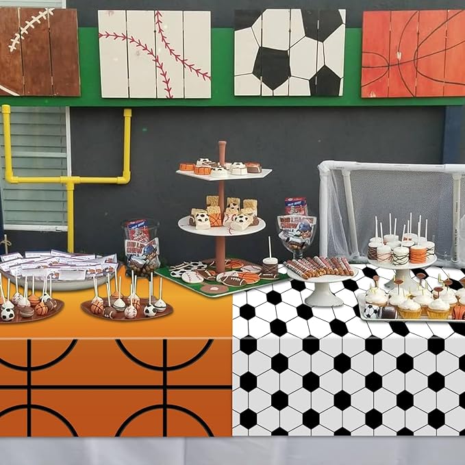 4 Pcs Sports Themed Party Tablecloths, Soccer Baseball Basketball Football Table Covers for Sports Themed Party Decorations Boys Birthday Party Supplies, 51 x 86 inches