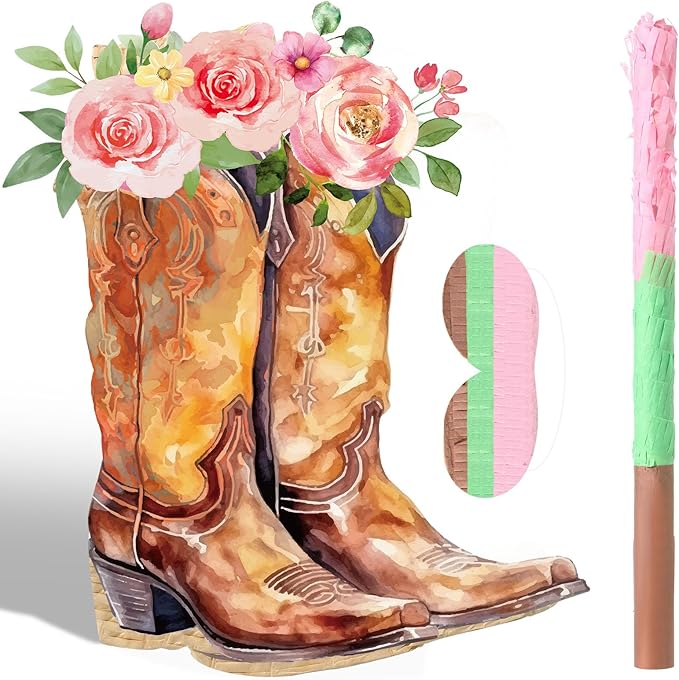 Pajean Cowgirl Boot Piñata Set Cute Western Piñata with Stick Blindfold Photo Prop Gift Holder for Girls Kids Bridal Shower Birthday Baby Shower Horse Racing Party Decoration Supplies