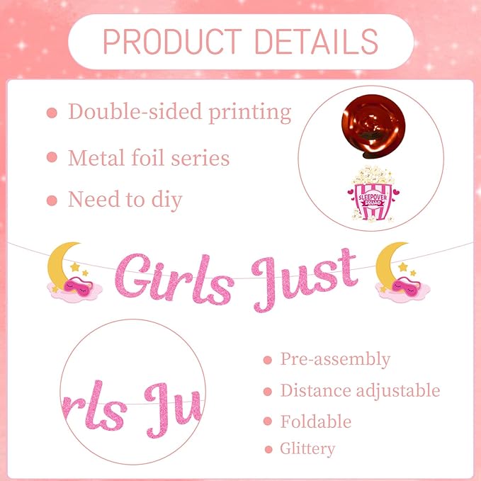 Slumber Party Decorations for Girls - 12 Pcs Spa Pajama Party Decorations for Adults, Sleepover Pink Party Supplies, Girls Just Have Fun Night Decoration