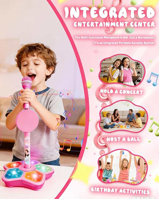 2026 New Kid Star Microphone, Kid Star Microphone with Stand, 5-in-1 Kids Stars Microphones with Adjustable Stand, Speakers and Lights, Compatible with Mobile Phones, for Festival (Pink)