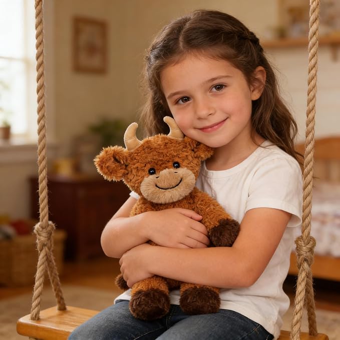 Hopearl Adorable Plush Highland Cow Toy Floppy Soft Stuffed Animal Cute Birthday Gifts for Boys Girls Kids Toddlers, Brown, 10''