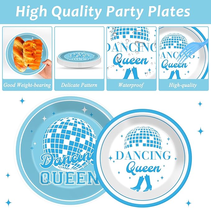 96Pcs Dancing Queen Party Supplies Dancing Queen Paper Plates Napkins Disposable Blue Disco Party Tableware Set 70s Disco 17th Birthday Dinnerware for Bachelorette Decoration Serve 24