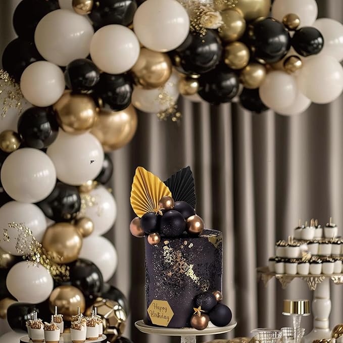 44Pcs Balls Cake Topper Man Cake Decorations with Black Gold Balls Palm Leaves Acrylic Numbers 0-9 and Happy Birthday Cake Toppers for Men Boy Black Theme Birthday Baby Shower Wedding Party Supplies